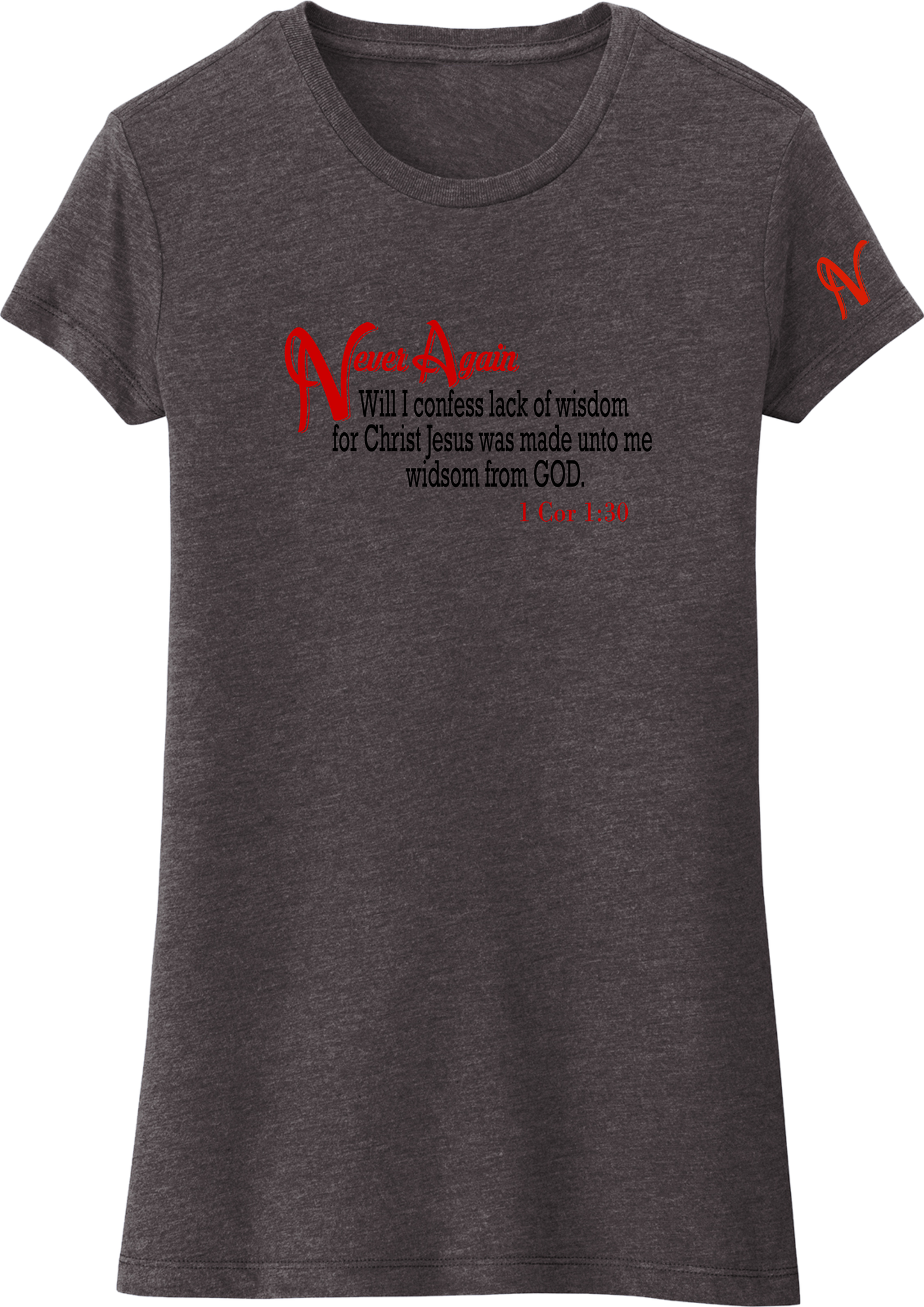 Never Again 1 Cor 130 Wisdom DT155 Womens Short Sleeve