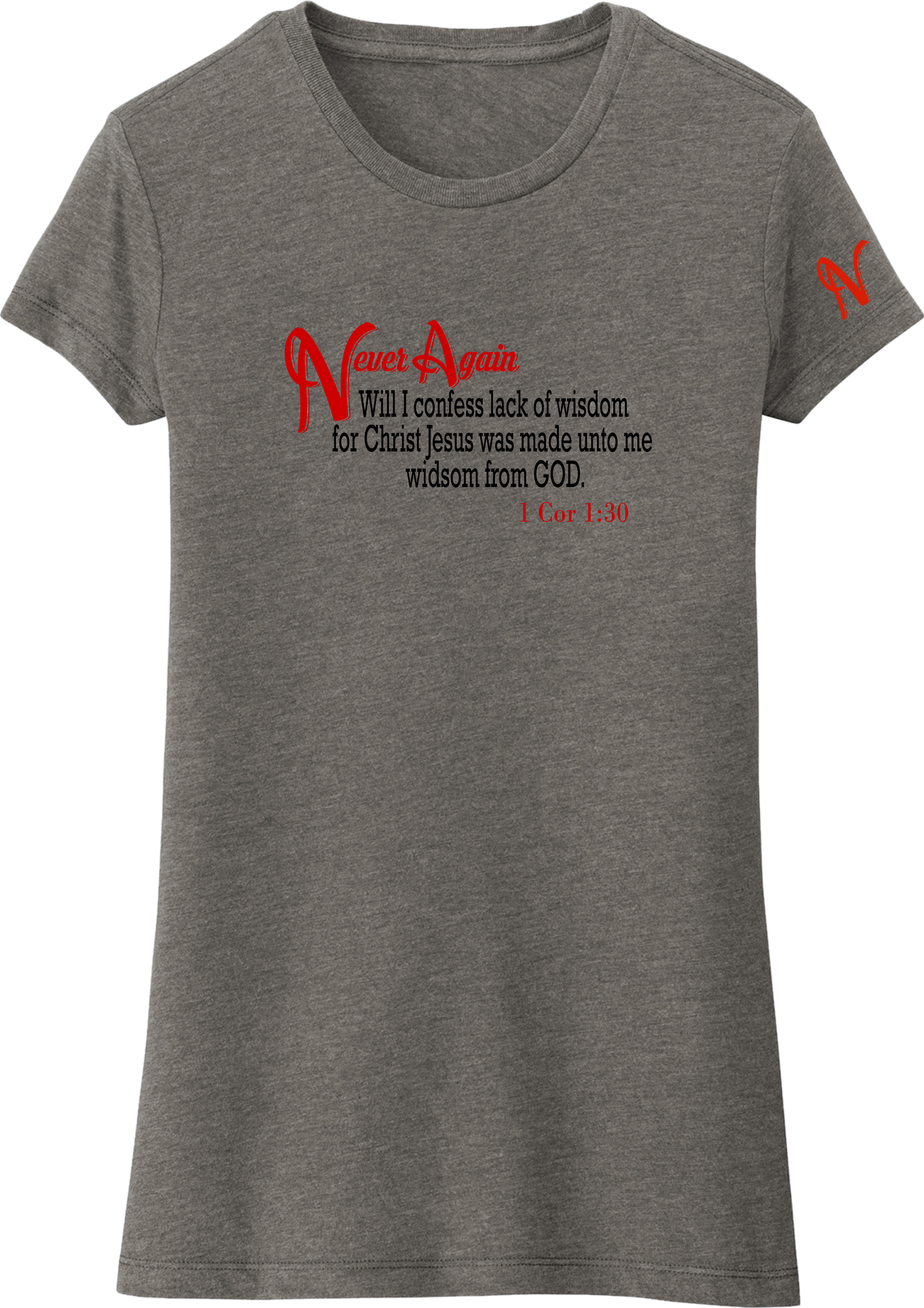 Never Again 1 Cor 130 Wisdom DT155 Womens Short Sleeve